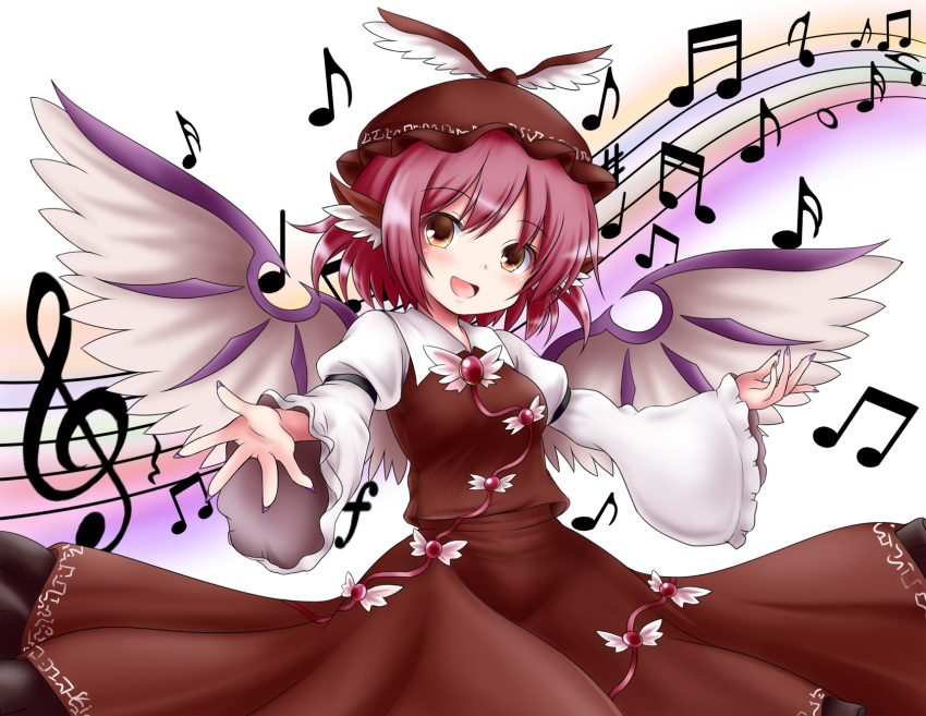 1girl animal_ears beamed_eighth_notes beamed_sixteenth_notes bird_ears bird_wings blush brown_hat collared_shirt eighth_note fingernails forte_(symbol) frilled_sleeves frills hat highres long_fingernails long_sleeves matelia musical_note mystia_lorelei nail_polish open_mouth pink_hair purple_nails quarter_note quarter_rest sharp_fingernails sharp_sign shirt short_hair sixteenth_note sleeve_garter smile solo staff_(music) touhou treble_clef white_shirt white_wings whole_note wide_sleeves winged_hat wings yellow_eyes
