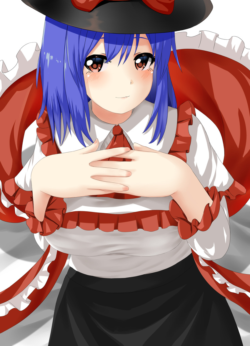 1girl black_skirt blue_hair breasts capelet commentary doge_(jkdoge) frilled_shawl frills highres long_sleeves looking_at_viewer nagae_iku own_hands_together red_eyes shawl shirt short_hair skirt solo touhou white_capelet white_shirt