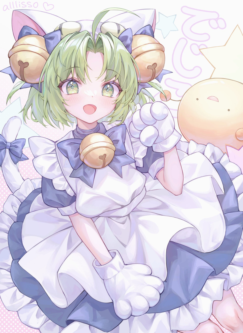 1boy 1girl :d ahoge alllisso animal_ears animal_hands animal_hat apron artist_name bell blue_bow blue_bowtie blue_dress blush bow bowtie cat_ears cat_girl cat_hat cat_tail cowboy_shot dejiko di_gi_charat dress english_commentary frilled_apron frills gema gloves green_eyes green_hair hair_bell hair_bow hair_ornament hand_up hat heart heart_in_eye highres maid maid_apron neck_bell open_mouth parted_bangs paw_gloves puffy_short_sleeves puffy_sleeves short_hair short_sleeves smile star_(symbol) symbol_in_eye tail tail_bow tail_ornament translation_request white_apron white_gloves white_hat white_tail