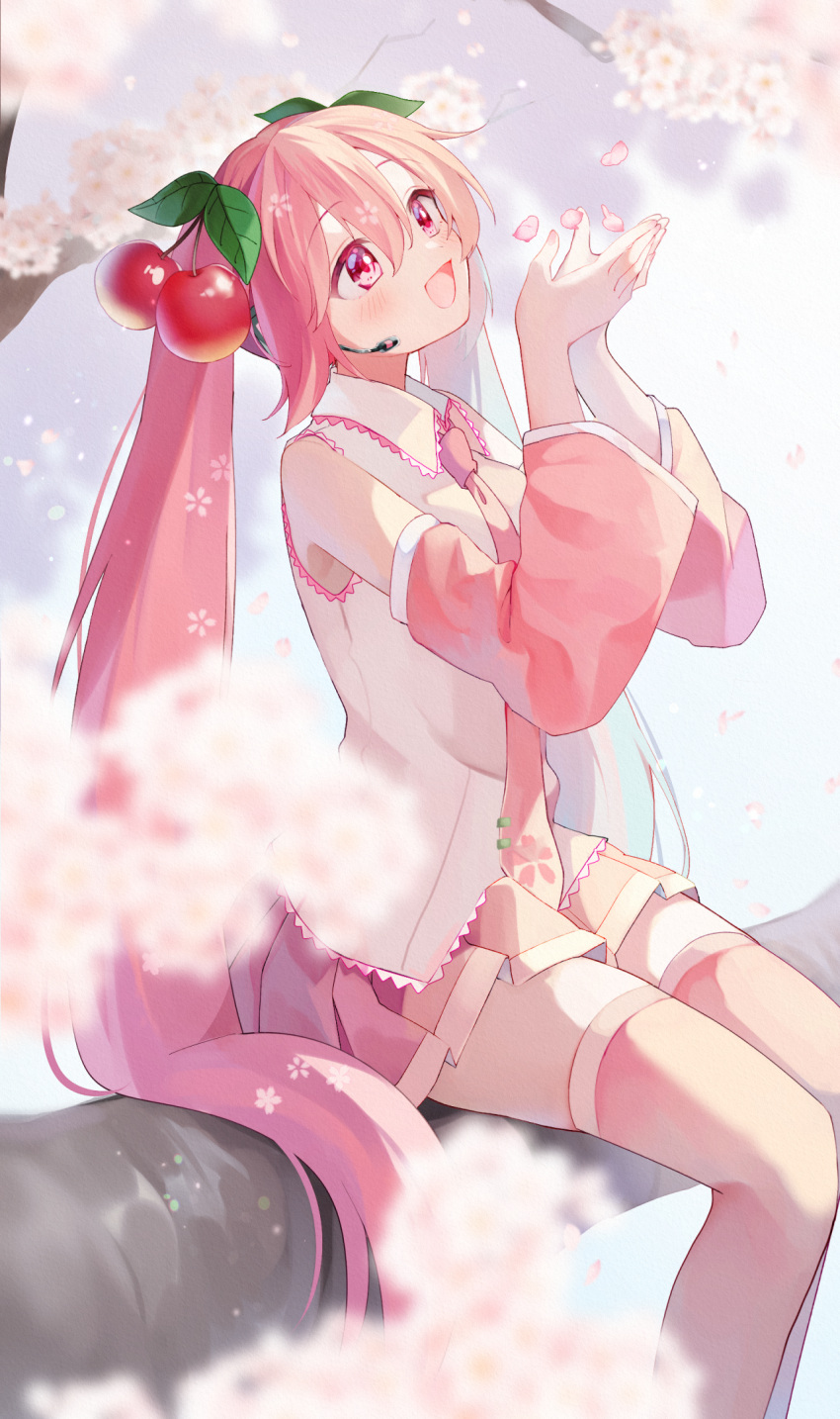1girl blush cherry_blossoms cherry_hair_ornament detached_sleeves food-themed_hair_ornament hair_ornament hatsune_miku headset highres long_hair long_sleeves looking_up mani_(second-dimension) necktie on_branch open_mouth petals pink_eyes pink_hair pleated_skirt sakura_miku shirt sitting skirt sleeveless sleeveless_shirt smile solo thigh-highs twintails very_long_hair vocaloid