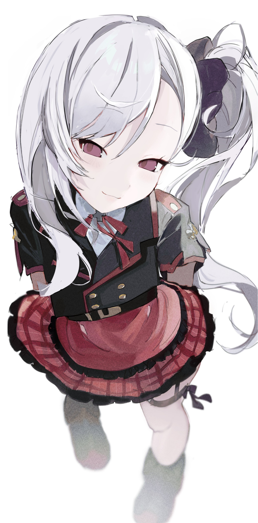 1girl :3 absurdres arms_behind_back belt black_footwear black_jacket black_scrunchie blue_archive closed_mouth cropped_jacket dizzy_(nadecola9) dot_nose forehead full_body grey_hair hair_ornament hair_scrunchie highres jacket long_hair looking_at_viewer mutsuki_(blue_archive) neck_ribbon plaid plaid_skirt red_ribbon red_skirt ribbon scrunchie shirt short_sleeves side_ponytail skirt solo swept_bangs thigh_strap violet_eyes white_background white_shirt
