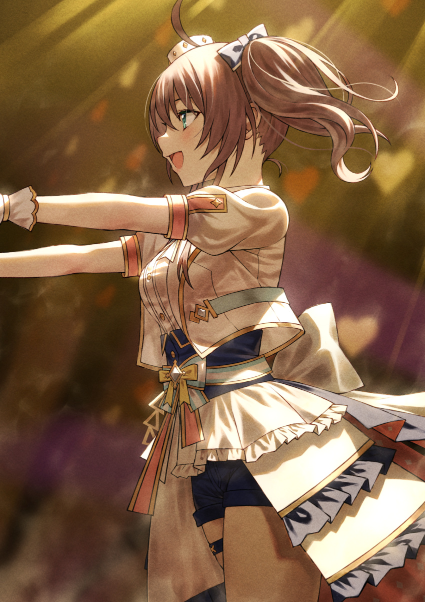 1girl blue_eyes bow brown_hair dress fagi_(kakikaki) frilled_dress frills gloves hair_bow highres hololive long_dress multicolored_clothes multicolored_dress natsuiro_matsuri open_mouth puffy_sleeves short_hair short_sleeves shorts solo standing thigh_strap twintails