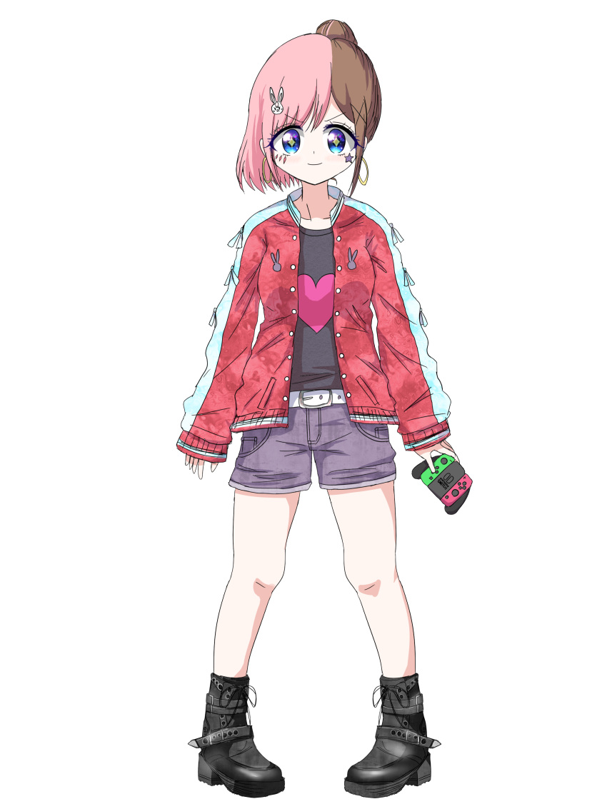 +_+ 1girl absurdres alpha_transparency belt black_footwear blue_eyes boots breasts brown_hair commentary_request controller game_controller grey_shorts hair_ornament heart high_ponytail highres holding holding_controller holding_game_controller indie_virtual_youtuber jacket joy-con medium_breasts multicolored_hair pink_hair ponytail rabbit_hair_ornament red_jacket short_shorts shorts sleeves_past_wrists solo split-color_hair teremi teremi_(vtuber) transparent_background two-tone_hair v-shaped_eyebrows virtual_youtuber white_belt