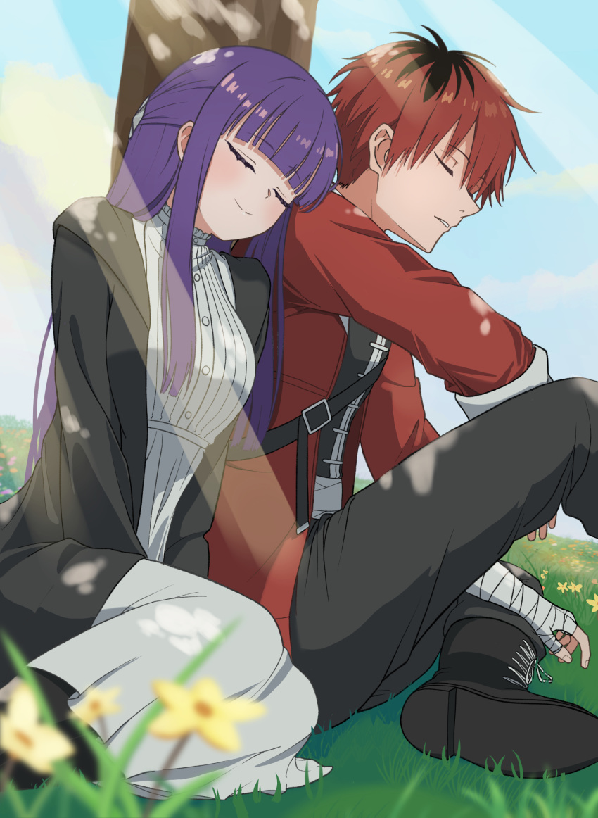 1boy 1girl 4_m_lacra belt black_coat black_footwear black_pants blue_sky blunt_bangs blurry boots clouds cloudy_sky coat commentary_request depth_of_field dress fern_(sousou_no_frieren) flower grass hair_between_eyes hair_ornament highres hood hooded_coat knee_boots knee_up leaning_on_person leaning_to_the_side long_hair long_sleeves open_clothes open_coat outdoors pants parted_lips purple_hair red_coat redhead sidelocks sitting sky sleeping sleeping_on_person smile sousou_no_frieren stark_(sousou_no_frieren) sunlight tree white_dress