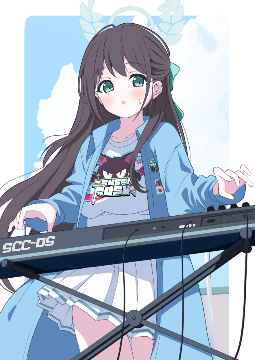 1girl airi_(band)_(blue_archive) airi_(blue_archive) black_hair blue_archive blue_jacket blush collarbone cowboy_shot green_eyes green_halo halo highres instrument jacket keyboard_(instrument) long_hair long_sleeves official_alternate_costume open_clothes open_jacket open_mouth pleated_skirt shirt skirt solo white_shirt white_skirt zundamochi_(sera)
