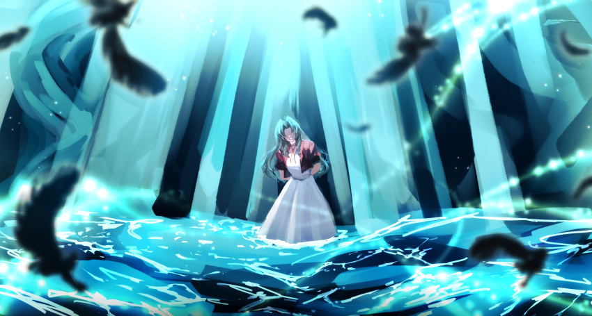 1girl absurdres aerith_gainsborough arms_behind_back black_feathers brown_hair choker cropped_jacket dress falling_feathers feathers final_fantasy final_fantasy_vii final_fantasy_vii_rebirth final_fantasy_vii_remake highres jacket lake long_dress long_hair overhead_lights parted_bangs parted_lips partially_submerged pink_dress red_jacket ribbon_choker short_sleeves sidelocks smile solo teeth wavy_hair zakkuchan