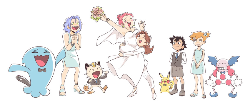 3girls 4boys absurdres ahoge alternate_hairstyle armpits arms_behind_back ash_ketchum blue_hair blush bouquet bow bowtie bridal_veil brown_hair closed_eyes crossdressing dahlia_(pokemon) dress earrings english_commentary green_hair high_heels highres holding holding_bouquet interlocked_fingers james_(pokemon) jessie_(pokemon) jewelry kiana_mai lipstick long_hair makeup meowth misty_(pokemon) mother_and_son mr._mime multiple_boys multiple_girls necklace necktie open_mouth pikachu pokemon pokemon_(anime) pokemon_(creature) redhead ring shoes short_hair shorts simple_background smile suit tears teeth upper_teeth_only veil wedding_dress wedding_ring white_background wife_and_wife wobbuffet yuri