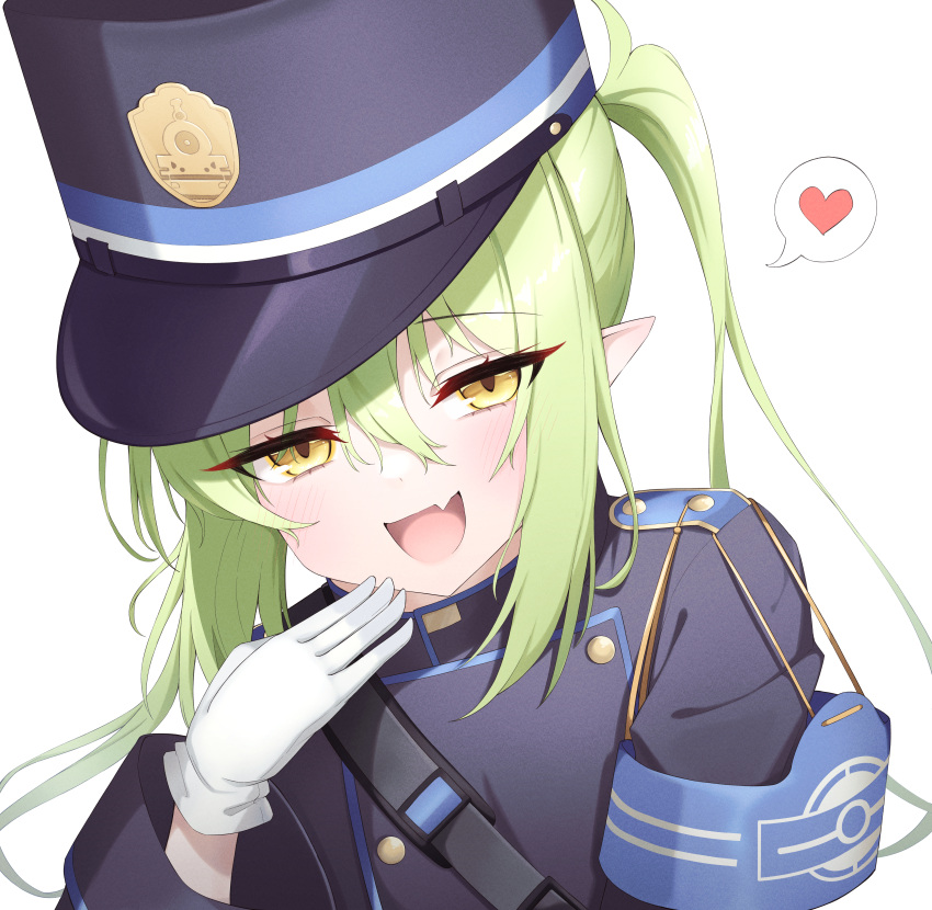 1girl absurdres black_hat black_jacket blue_archive blush fang gloves green_hair hat heart highlander_twintails_conductor_(blue_archive) highres jacket long_hair long_sleeves looking_at_viewer open_mouth peaked_cap pointy_ears setsurimu_(pro_viden) simple_background skin_fang smile solo spoken_heart twintails upper_body white_background white_gloves yellow_eyes
