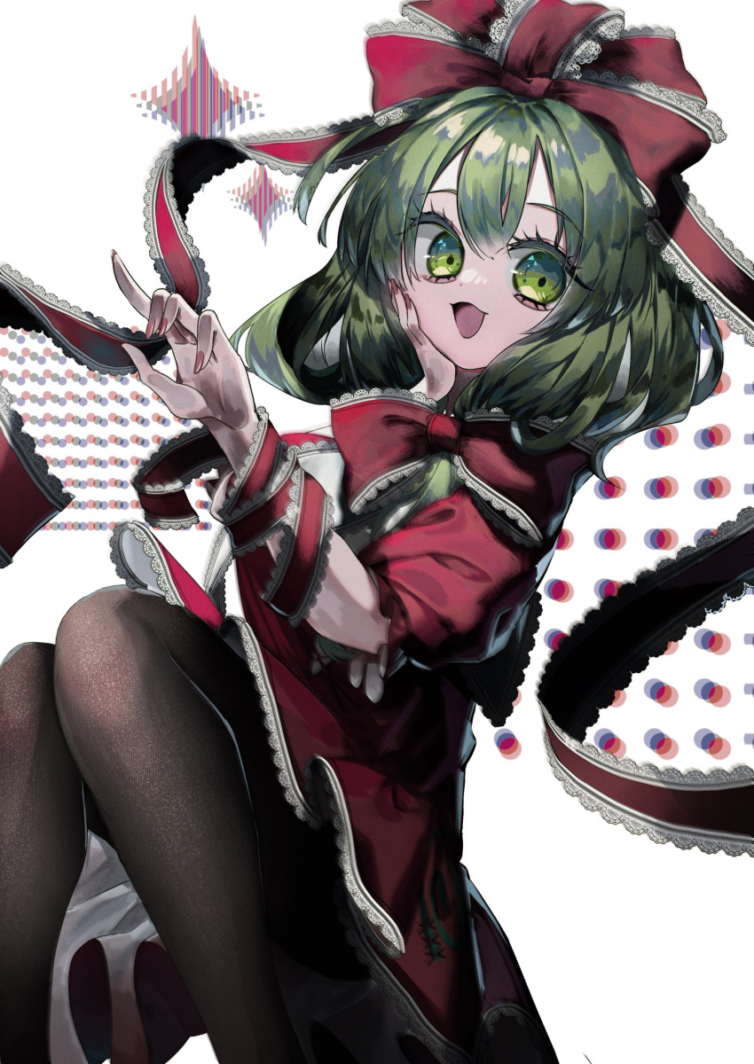 1girl black_thighhighs bow commission dress frilled_bow frilled_dress frills front_ponytail green_eyes green_hair hair_bow hair_ribbon highres kagiyama_hina looking_at_viewer muraryo open_mouth puffy_short_sleeves puffy_sleeves red_bow red_dress red_nails red_ribbon ribbon short_sleeves skeb_commission smile solo thigh-highs touhou