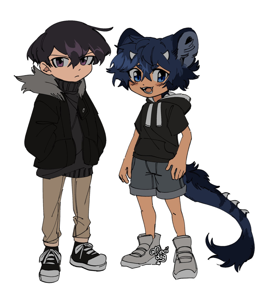 2boys animal_ears artist_name black_footwear black_hair black_jacket black_sweater blue_eyes blue_hair brown_pants child closed_mouth deviidog0 english_commentary fangs full_body fur-tipped_tail fur_collar grey_footwear grey_shorts hands_in_pockets highres hood hood_down hooded_jacket horns jacket looking_at_viewer male_focus multiple_boys open_mouth original pants shoes short-sleeved_jacket short_eyebrows short_hair short_sleeves shorts simple_background small_horns sneakers spiked_tail standing sweater tail turtleneck turtleneck_sweater twintails very_short_hair violet_eyes white_background