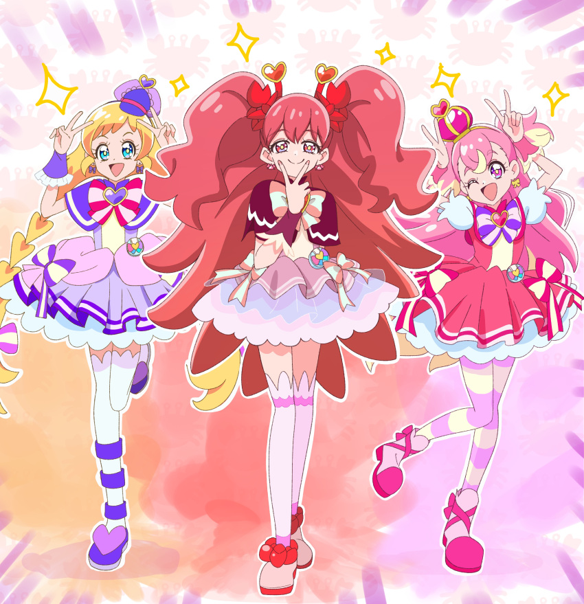 3girls :d ;d abstract_background absurdres akizora_(aki_precure) alternate_universe blonde_hair blue_eyes bow bow_earrings braid brooch closed_mouth crown cure_friendy cure_wonderful deerstalker dot_nose double_v dress dress_bow earrings frilled_wrist_cuffs frills full_body hat hat_ornament heart heart_brooch heart_hat_ornament highres inukai_iroha inukai_komugi jewelry kanie_(precure) legs_together long_hair looking_at_viewer magical_girl mini_crown mini_hat multicolored_background multicolored_bow multicolored_hair multicolored_pantyhose multiple_girls one_eye_closed open_mouth pantyhose pink_bow pink_dress pink_footwear pink_hair pink_thighhighs pink_wrist_cuffs pouch precure puffy_sleeves purple_bow purple_dress purple_footwear purple_hat purple_wrist_cuffs red_eyes red_footwear redhead shoes short_dress smile standing standing_on_one_leg streaked_hair striped_bow striped_clothes striped_pantyhose thigh-highs tilted_headwear twin_braids two-tone_hair two_side_up unofficial_precure_costume v violet_eyes white_thighhighs wonderful_precure! wrist_cuffs zettai_ryouiki