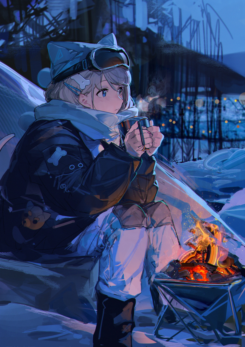 1girl almond_(arknights) animal_ears arknights bare_tree black_jacket blue_eyes bone_hair_ornament boots brown_hair camping cup fire frown goggles goggles_on_head hair_ornament hairclip highres holding holding_cup jacket looking_to_the_side mug night outdoors panties scarf ski_goggles solo steam tree underwear warming_hands white_panties white_scarf zhili_xingzou