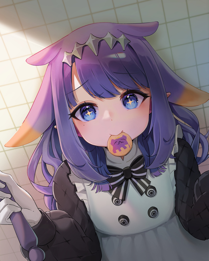 1girl absurdres black_bow black_bowtie blue_eyes blunt_bangs bow bowtie buttons cookie double-breasted food food_in_mouth gradient_hair hands_up highres holding hololive hololive_english long_hair long_sleeves looking_at_viewer mole mole_under_eye multicolored_hair ninomae_ina'nis nya_yuika orange_hair pointy_ears puffy_long_sleeves puffy_sleeves purple_hair solo striped_bow striped_bowtie striped_clothes tentacle_hair tile_wall tiles virtual_youtuber white_bow white_bowtie yuimellow