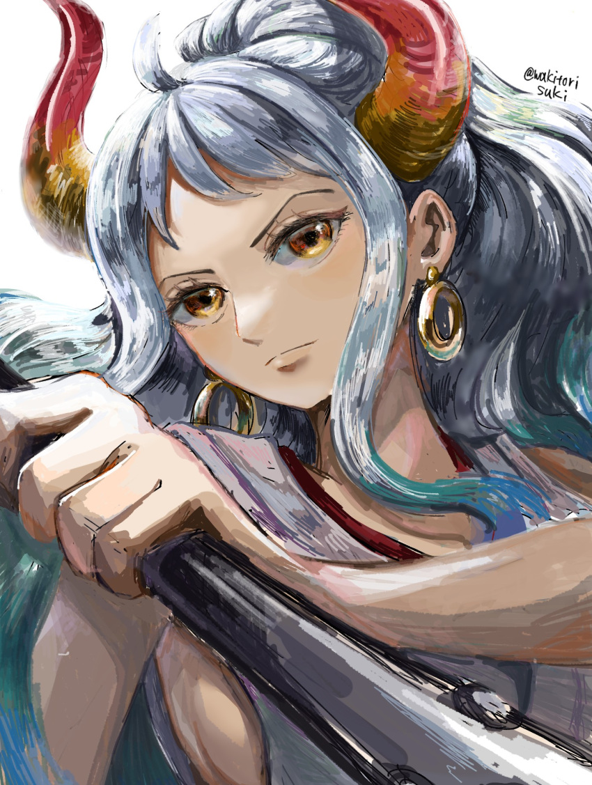 1girl ahoge blue_hair closed_mouth club_(weapon) earrings green_hair highres holding holding_club holding_weapon horns japanese_clothes jewelry kimono looking_at_viewer multicolored_hair one_piece ponytail sidelocks sleeveless sleeveless_kimono solo twitter_username upper_body v-shaped_eyebrows wakitorisuki weapon white_background white_hair white_kimono yamato_(one_piece) yellow_eyes