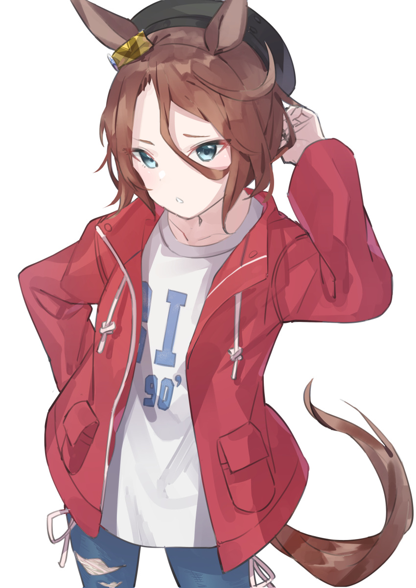 1girl absurdres animal_ears arm_behind_head blue_eyes brown_hair cottone_(highjethoo) denim hair_ornament hat highres horse_ears horse_girl horse_tail jacket jeans long_sleeves looking_at_viewer narita_taishin_(umamusume) open_clothes open_jacket pants red_jacket shirt short_hair simple_background solo standing tail umamusume white_background