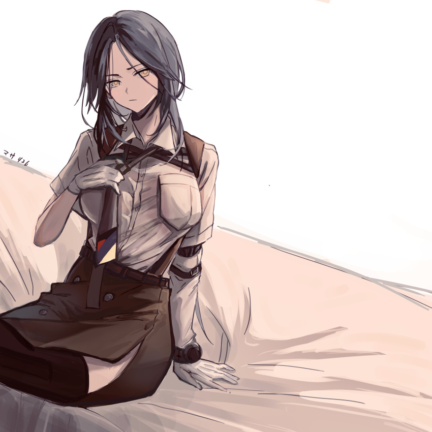 absurdres ar-18_(girls'_frontline) black_hair blue_hair closed_mouth girls_frontline gloves highres long_hair looking_to_the_side masako_(user_thnr3538) mechanical_legs necktie on_bed shirt solo thinking white_gloves white_shirt yellow_eyes