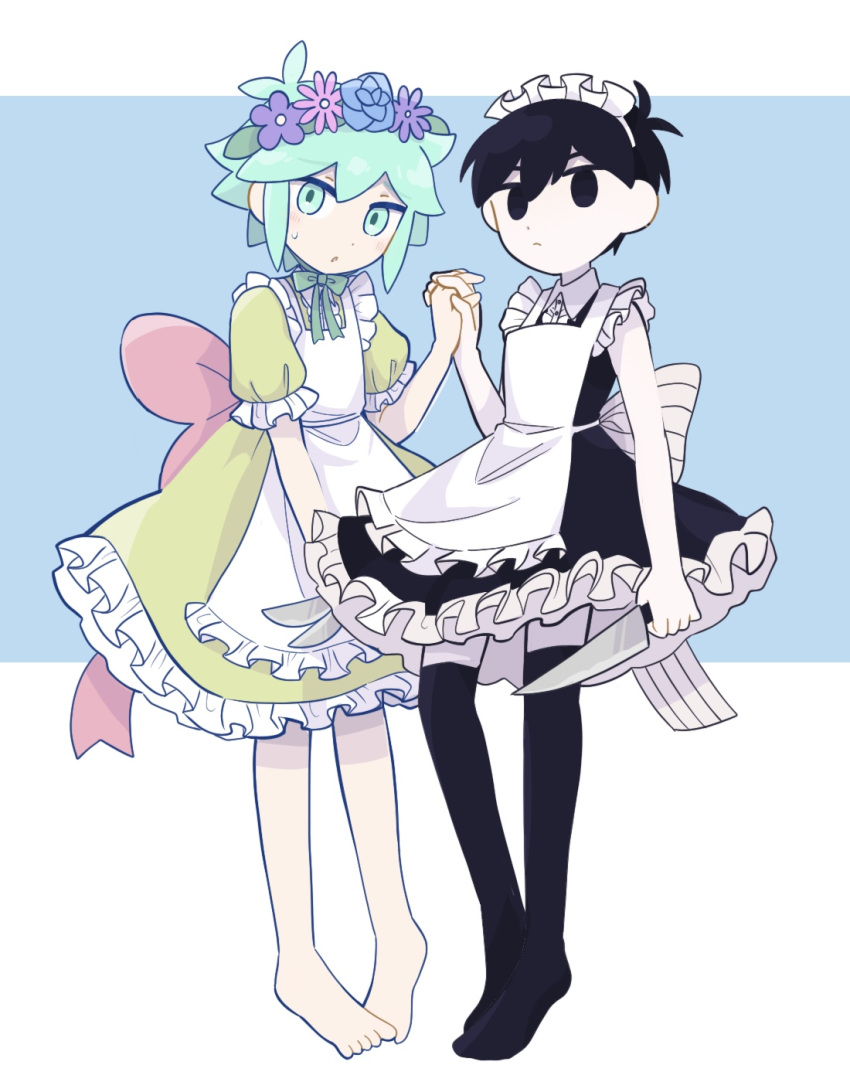 2boys alternate_costume barefoot basil_(headspace)_(omori) basil_(omori) black_eyes black_hair black_thighhighs blush closed_mouth colored_skin enmaided expressionless flower green_eyes green_hair head_wreath highres holding holding_knife holding_polearm holding_weapon knife maid multiple_boys omori omori_(omori) parted_lips polearm short_hair sr_ld_fr thigh-highs weapon white_skin