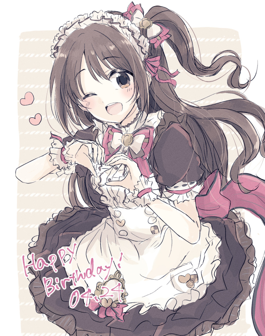1girl ;d apron back_bow baran._(ba_ra_ran) black_dress blush border bow bowtie brown_background brown_eyes brown_hair commentary_request cowboy_shot dated dress english_text frilled_apron frilled_dress frills hair_bow happy_birthday heart heart_hands highres idolmaster idolmaster_cinderella_girls idolmaster_cinderella_girls_starlight_stage maid maid_headdress one_eye_closed one_side_up open_mouth outside_border red_bow red_bowtie shimamura_uzuki smile song_name teeth upper_teeth_only white_apron white_border white_bow white_bowtie