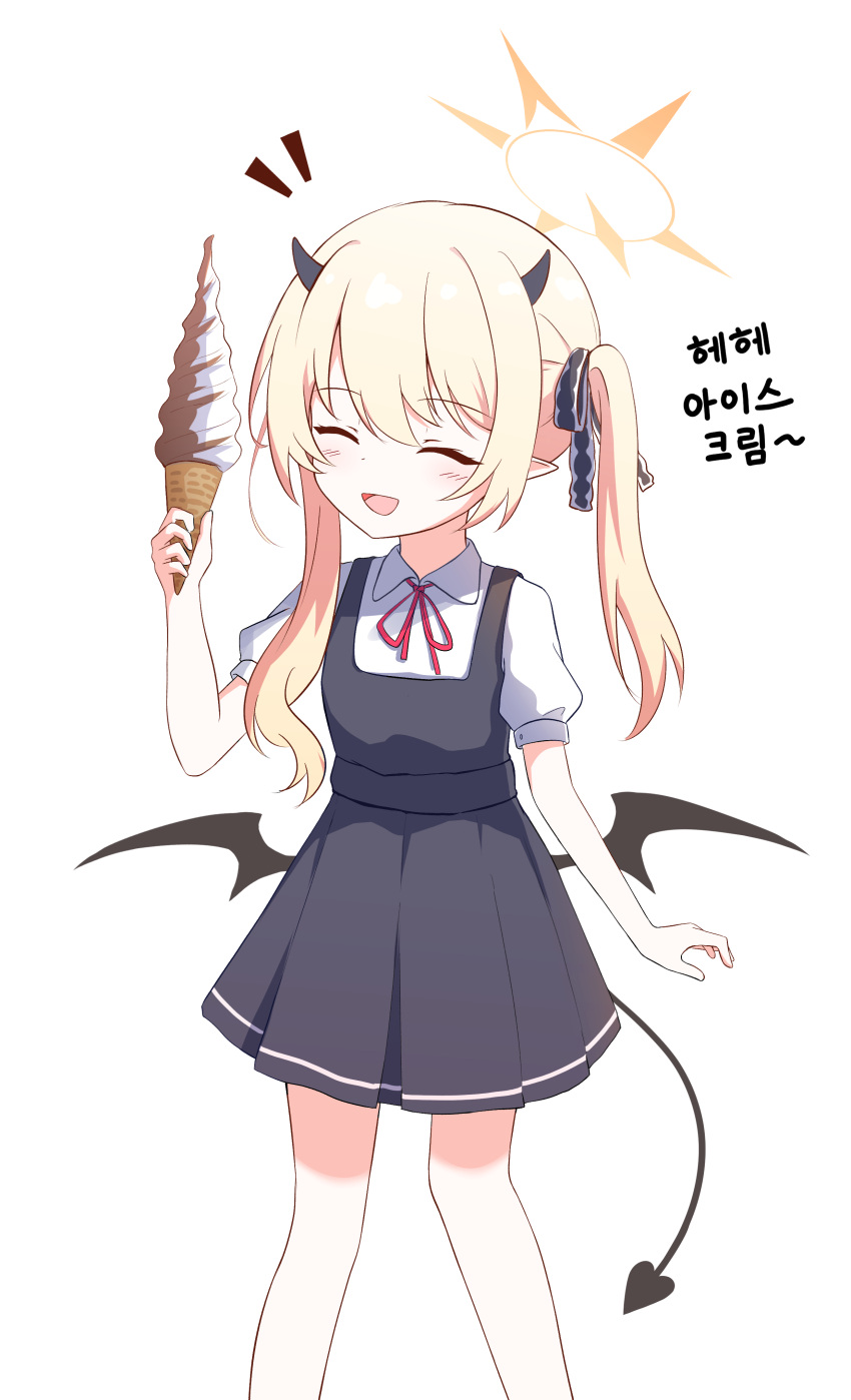 1girl absurdres black_dress black_horns black_tail black_wings blonde_hair blue_archive blush closed_eyes collared_shirt demon_horns demon_tail demon_wings dress feet_out_of_frame food halo highres holding holding_food horns ibuki_(blue_archive) ice_cream kiroshi long_hair open_mouth pinafore_dress pointy_ears shirt short_sleeves side_ponytail sleeveless sleeveless_dress smile solo tail white_shirt wings yellow_halo