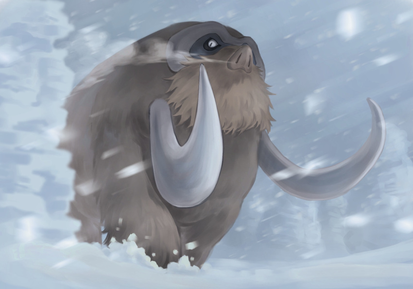 black_eyes breath commentary_request from_below highres looking_down mamoswine mayagi_(mayagi61) no_humans pokemon pokemon_(creature) snow snowing solo standing tusks