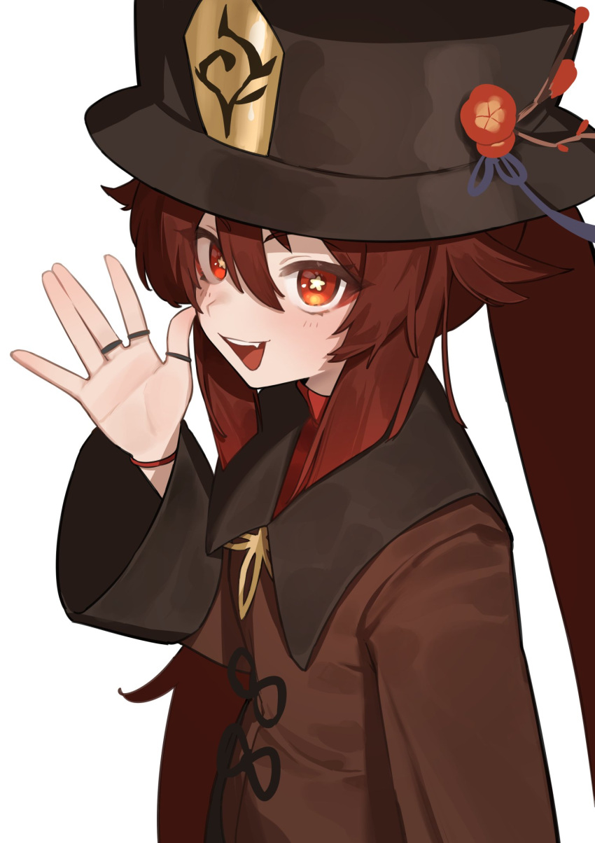 1girl blush brown_coat chinese_clothes coat commentary_request flasso flower flower-shaped_pupils from_above from_side genshin_impact hair_between_eyes hands_up hat hat_flower highres hu_tao_(genshin_impact) jewelry long_hair long_sleeves looking_at_viewer multiple_rings open_mouth plum_blossoms red_eyes red_flower red_shirt ring sharp_teeth shirt smile symbol-shaped_pupils teeth twintails very_long_hair