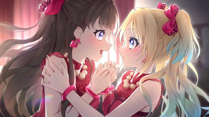 2girls absurdres backlighting bead_necklace beads blonde_hair blue_eyes blue_hair blurry blurry_background blush bow breasts brown_hair commentary_request do!_do!_do!_(love_live!) dress earrings eye_contact face-to-face fujishima_megumi gradient_hair hair_bow hand_on_another's_hand hand_on_another's_shoulder heart heart_earrings highres jewelry lens_flare light_blue_hair light_particles link!_like!_love_live! long_hair looking_at_another love_live! medium_breasts multicolored_hair multiple_girls necklace open_mouth osawa_rurino own_hands_together polka_dot polka_dot_bow prbili red_bow red_bracelet red_dress sleeveless sleeveless_dress smile twintails two_side_up violet_eyes virtual_youtuber yuri