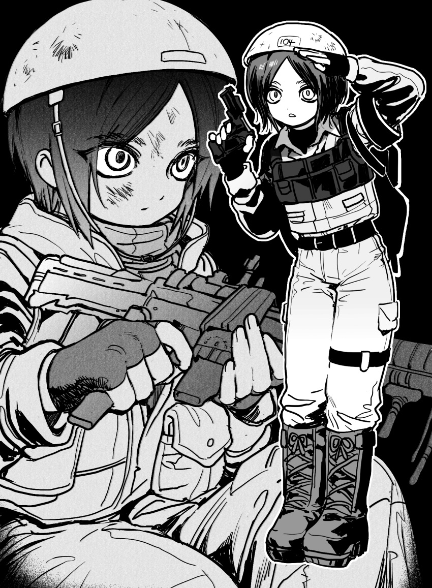 1girl alternate_costume armband backpack bag boots character_request check_character chest_rig commentary_request cross-laced_footwear dirty dirty_face english_commentary eren_yeager fingerless_gloves genderswap genderswap_(mtf) gloves greyscale gun handgun hands_up helmet highres holding holding_gun holding_weapon jacket jihecchi knee_boots korean_commentary long_sleeves looking_at_viewer military_uniform mixed-language_commentary monochrome multiple_views open_mouth pants parted_bangs rifle salute shingeki_no_kyojin short_hair simple_background soldier uniform weapon