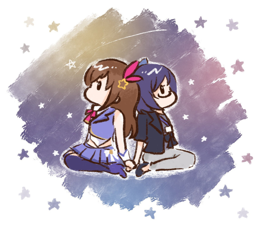2girls a-chan_(2nd_costume)_(hololive) a-chan_(hololive) black_footwear black_jacket black_sash blue_footwear blue_hair blue_skirt blue_thighhighs boots bow bowtie brown_hair collared_shirt cropped_shirt cropped_vest grey_pants hair_ornament hairclip haseco777 highres holding_hands hololive id_card jacket lanyard long_hair miniskirt multiple_girls pants pleated_skirt red_bow red_bowtie sash shirt short_hair skirt star_(symbol) striped_clothes striped_shirt thigh-highs tokino_sora tokino_sora_(1st_costume) vertical-striped_clothes vertical-striped_shirt vest virtual_youtuber