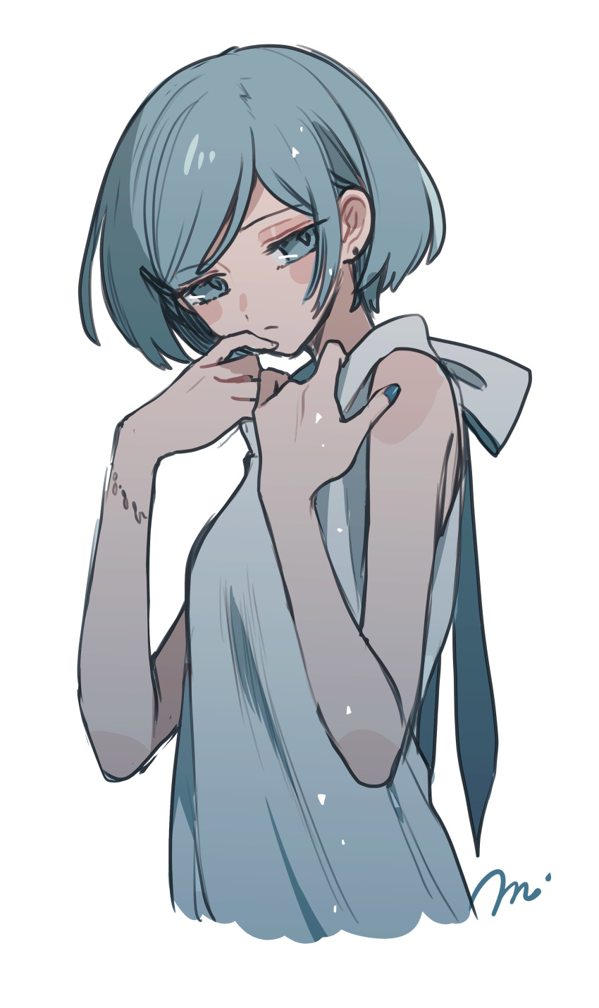 1girl absurdres blue_eyes blue_hair blush_stickers bracelet dress expressionless half-closed_eyes highres jewelry looking_to_the_side maco22 nail_polish original short_hair sleeveless sleeveless_dress solo