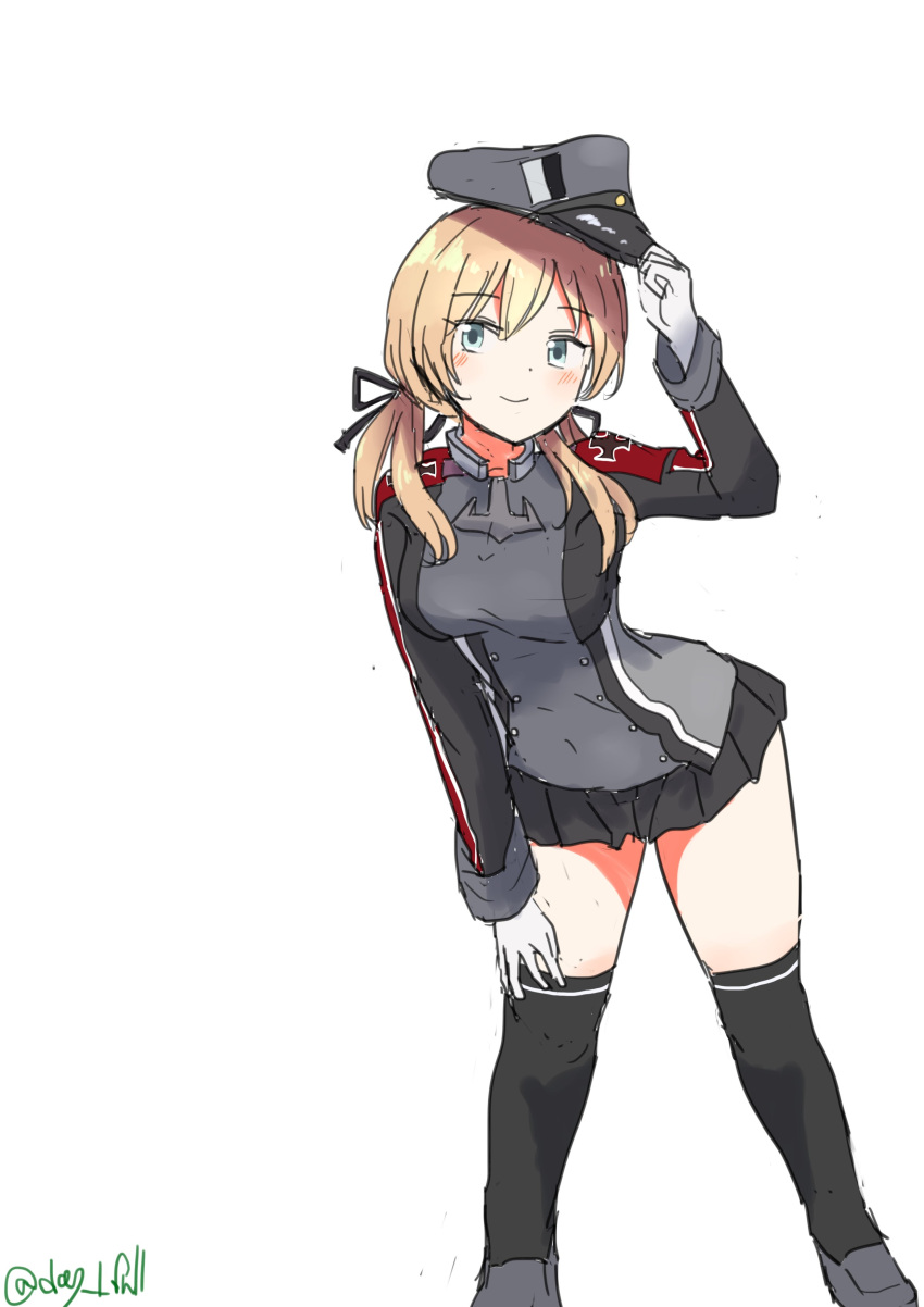1girl absurdres anchor_hair_ornament aqua_eyes black_skirt black_thighhighs blonde_hair cross full_body gloves hair_ornament hand_on_own_thigh hat highres iron_cross kantai_collection leaning_forward low_twintails microskirt military_hat military_uniform one-hour_drawing_challenge peaked_cap prinz_eugen_(kancolle) robinson_(day_l_full) simple_background skirt solo thigh-highs twintails twitter_username uniform white_background white_gloves