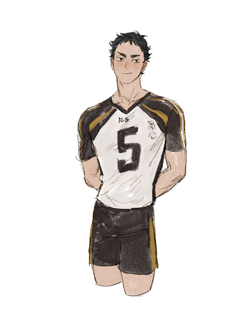 1boy akaashi_keiji arms_behind_back black_eyes black_hair black_shorts chengongzi123 cropped_legs haikyuu!! highres looking_at_viewer male_focus shirt short_hair short_sleeves shorts simple_background smile solo sportswear standing t-shirt very_short_hair volleyball_uniform white_background