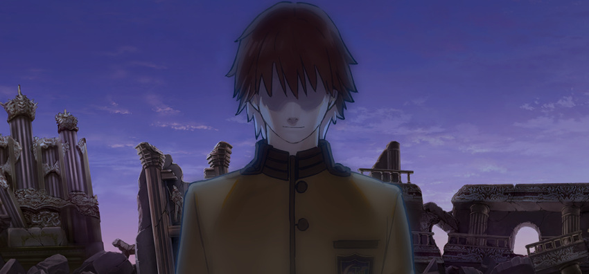 1boy brown_hair buttons fate/grand_order fate_(series) game_cg kishinami_hakuno_(male) official_art purple_sky ruins school_uniform shaded_face short_hair sky smile solo wada_arco
