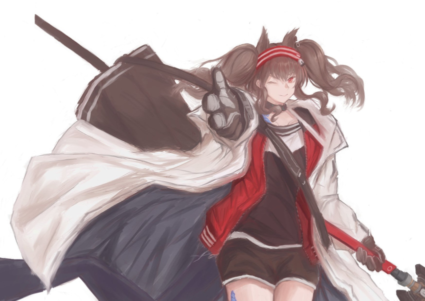 1girl angelina_(arknights) animal_ears arknights black_coat black_gloves black_shirt black_shorts brown_hair citrus7763 coat fox_ears fox_girl gloves hairband highres holding holding_staff jacket long_hair looking_at_viewer open_clothes open_coat pointing pointing_at_viewer red_eyes red_hairband red_jacket shirt shorts simple_background smile solo staff striped_clothes striped_hairband twintails two-tone_hairband white_background white_coat