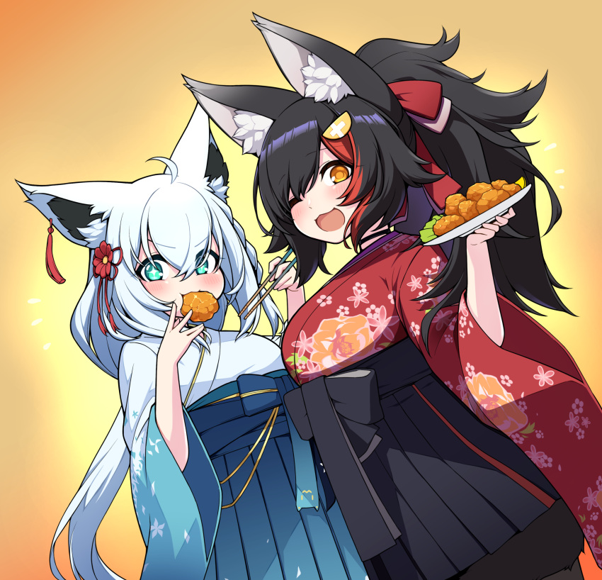 +_+ 2girls :d absurdres ahoge animal_ear_fluff animal_ears aqua_eyes black_hair black_hakama blue_hakama brown_eyes chopsticks commentary_request dutch_angle eating floral_print food_in_mouth fox_ears fox_girl fried_chicken gradient_kimono hair_ornament hakama highres holding holding_chopsticks hololive japanese_clothes jb_jagbung kimono long_hair looking_at_viewer multicolored_hair multiple_girls official_alternate_costume one_eye_closed ookami_mio ookami_mio_(new_year) ponytail red_kimono redhead shirakami_fubuki shirakami_fubuki_(new_year) smile streaked_hair virtual_youtuber white_hair white_kimono wide_sleeves wolf_ears wolf_girl