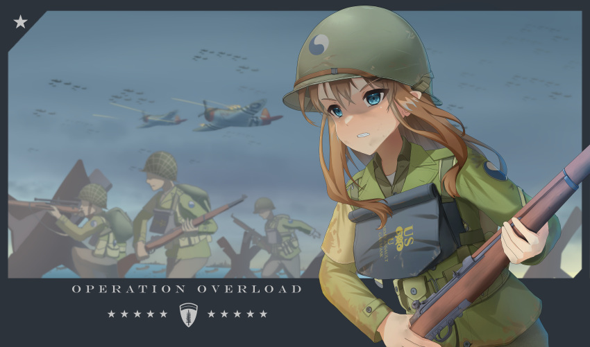 1girl 3boys absurdres aiming aircraft airplane backpack bag blue_eyes blurry blurry_background bolt_action brown_hair clenched_teeth clouds cloudy_sky commentary_request d-day dirty dirty_clothes dirty_face faceless faceless_male firing gun helmet highres horizon kneeling landing_craft leochan1202 load_bearing_equipment long_hair m1903_springfield m1_garand military_uniform multiple_boys original overlapped_images rifle running scope ship sky soldier submachine_gun teeth thompson_submachine_gun uniform war watercraft weapon world_war_ii yin_yang