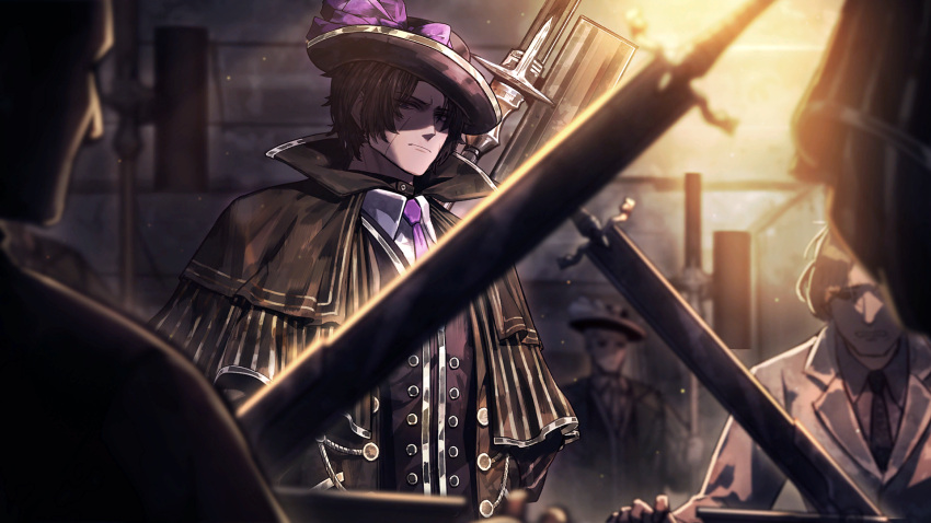 1boy 5others black_necktie brown_hair collared_shirt game_cg glaive_(polearm) grey_suit hat hat_ornament heathcliff_(project_moon) highres limbus_company multiple_others nai_ga necktie official_art polearm project_moon purple_necktie shirt short_hair solo_focus suit sword violet_eyes weapon white_shirt