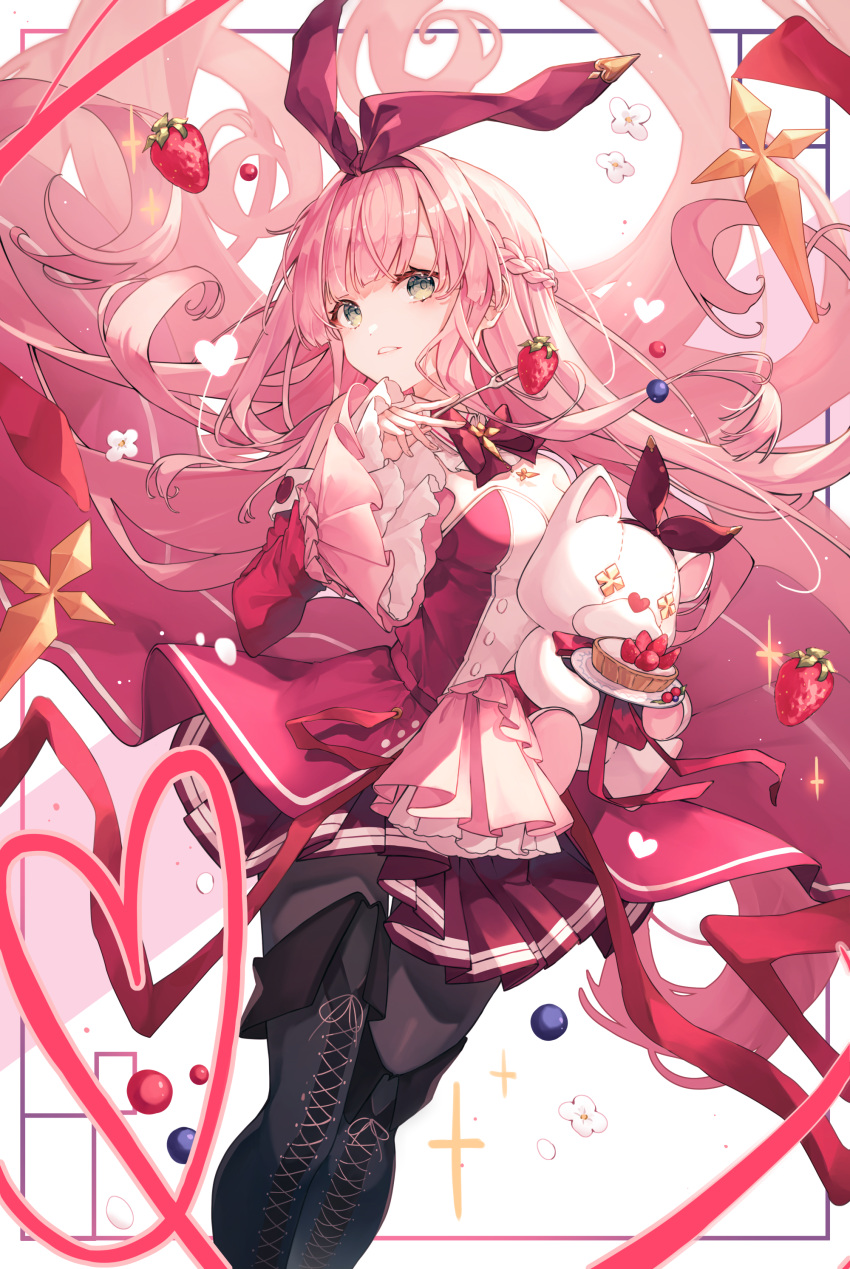 1girl absurdres arcaea black_thighhighs bow breasts brown_eyes cleavage_cutout clothing_cutout curly_hair dot_nose dress flower food frilled_sleeves frills fruit hair_spread_out highres kou_(arcaea) large_breasts long_hair looking_at_viewer miyu_(miy_u1308) pink_hair red_bow red_dress red_sleeves simple_background sleeves_past_wrists solo strawberry stuffed_toy thigh-highs two-tone_dress very_long_hair white_background white_dress wide_sleeves