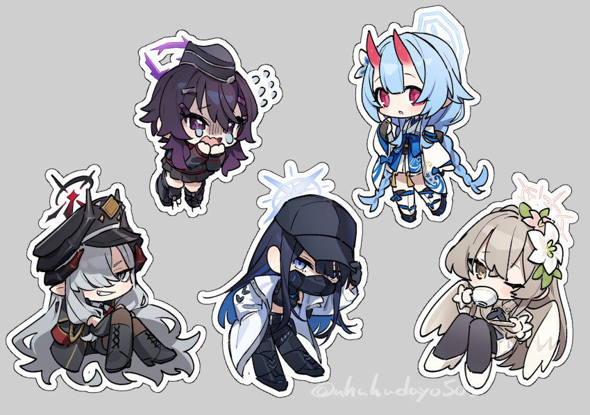 5girls adjusting_clothes adjusting_headwear baseball_cap blue_archive blue_eyes blue_hair boots braid brown_eyes brown_hair bug chibi chibi_only chise_(blue_archive) coat crossed_legs crying crying_with_eyes_open fly garrison_cap gloom_(expression) grey_background grey_eyes grey_hair halo hand_in_pocket haruka_(blue_archive) hat highres horns japanese_clothes long_hair long_sleeves makoto_(blue_archive) mask mouth_mask multiple_girls nagisa_(blue_archive) outline peaked_cap pointy_ears saori_(blue_archive) skin-covered_horns tears twin_braids twitter_username uhuhu very_long_hair violet_eyes white_coat white_outline wings