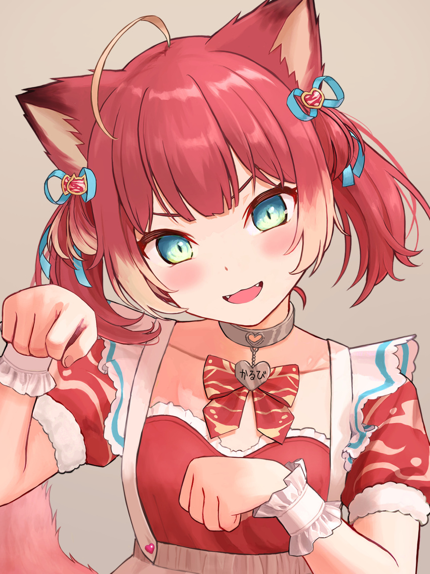 1girl :d ahoge akami_karubi animal_ears blue_eyes blue_ribbon blush bow bowtie brown_background cat_ears cat_girl collar collarbone dress fangs frilled_wrist_cuffs frills gloves grey_collar highres indie_virtual_youtuber ishiyuki looking_at_viewer multicolored_hair open_mouth paw_pose red_bow red_bowtie red_dress redhead ribbon short_hair simple_background smile solo tongue twintails virtual_youtuber white_wrist_cuffs wrist_cuffs
