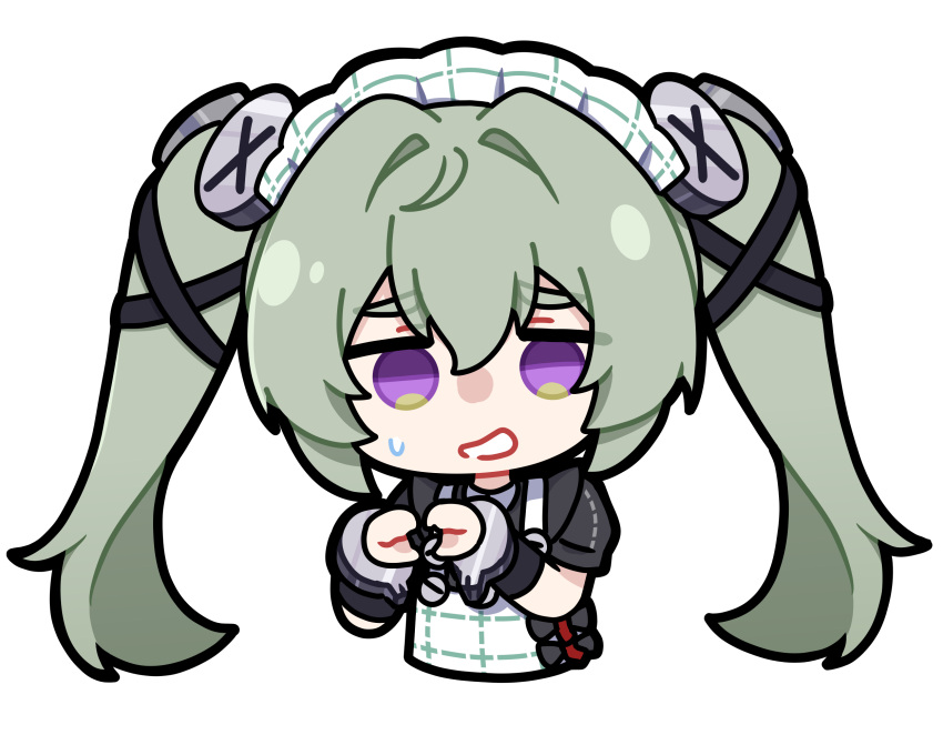 1girl apron black_dress chibi chibi_only chinese_commentary commentary_request corin_wickes cropped_torso dress green_hair hair_between_eyes heart heart_hands highres maid maid_headdress simple_background solo sweatdrop twintails violet_eyes white_apron white_background wrist_cuffs you_sou zenless_zone_zero