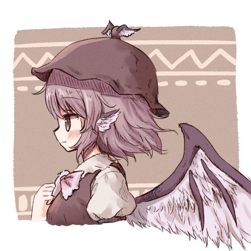 1girl animal_ears arinu bird_ears bird_wings blush breasts brown_dress brown_hat closed_mouth dress feathered_wings from_side hat highres large_breasts mystia_lorelei pink_eyes pink_hair profile shirt short_hair sleeve_garter solo touhou upper_body white_shirt white_wings winged_hat wings