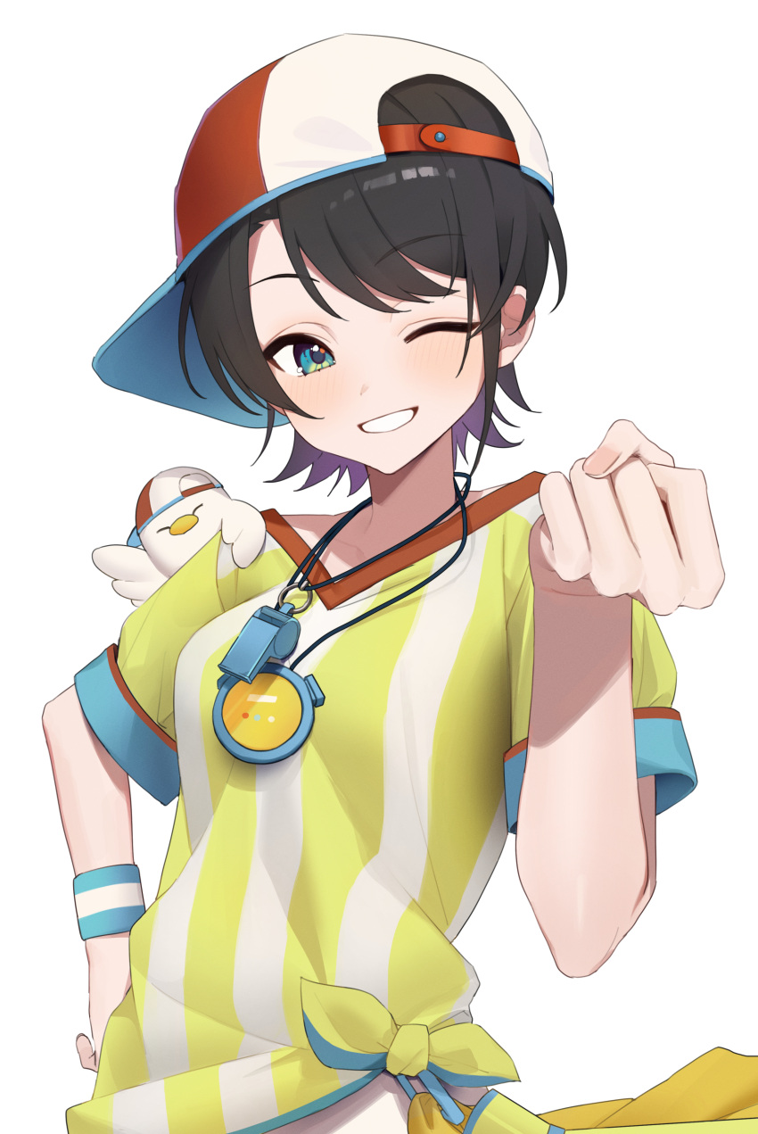 1girl absurdres aqua_eyes baseball_cap black_hair clenched_hand commentary d4kou16 grin hand_on_own_hip hand_up hat highres hololive looking_at_viewer one_eye_closed oozora_subaru oozora_subaru_(1st_costume) red_hat shirt short_hair shorts sideways_hat simple_background smile solo standing stopwatch stopwatch_around_neck straight-on striped_clothes striped_shirt subaru_duck sweatband swept_bangs symbol-only_commentary t-shirt teeth tied_shirt two-tone_headwear two-tone_shirt v-neck vertical-striped_clothes vertical-striped_shirt virtual_youtuber whistle whistle_around_neck white_background white_hat white_shirt white_shorts wristband yellow_shirt
