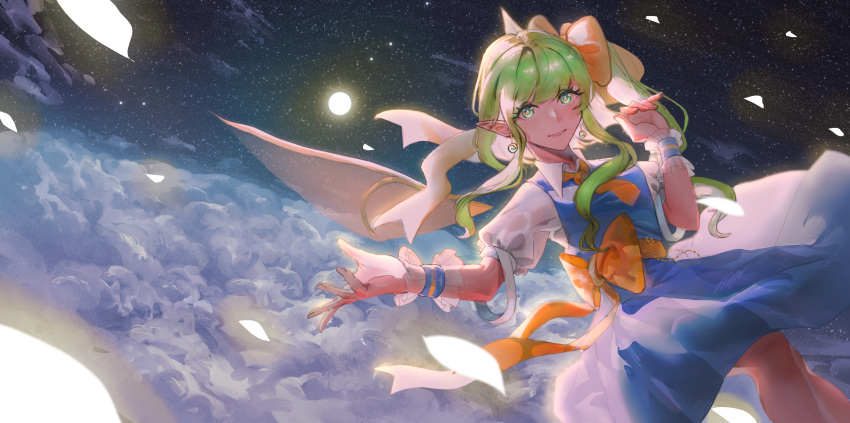 1girl above_clouds absurdres blue_dress bow clouds commentary_request daiyousei dress earrings fairy_wings feet_out_of_frame green_eyes green_hair hair_bow hand_up highres jewelry long_hair looking_at_viewer luan_ib necktie night night_sky orange_bow orange_necktie pointy_ears short_sleeves sky smile solo star_(sky) starry_sky touhou waist_bow wings wrist_cuffs