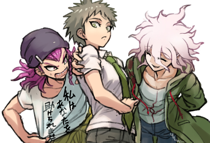 3boys alternate_costume beanie brown_hair chain closed_eyes clothes_pull coat collarbone collared_shirt danganronpa_(series) danganronpa_2:_goodbye_despair green_coat green_eyes green_necktie grey_hair hand_on_another's_shoulder hat highres hinata_hajime hood hooded_coat komaeda_nagito male_focus medium_hair messy_hair mole mole_under_mouth multiple_boys necktie open_mouth pants pink_eyes pink_hair print_shirt sharp_teeth shirt shirt_pull short_hair short_sleeves simple_background smile soda_kazuichi t-shirt teeth translation_request upper_teeth_only white_background white_shirt youko-shima