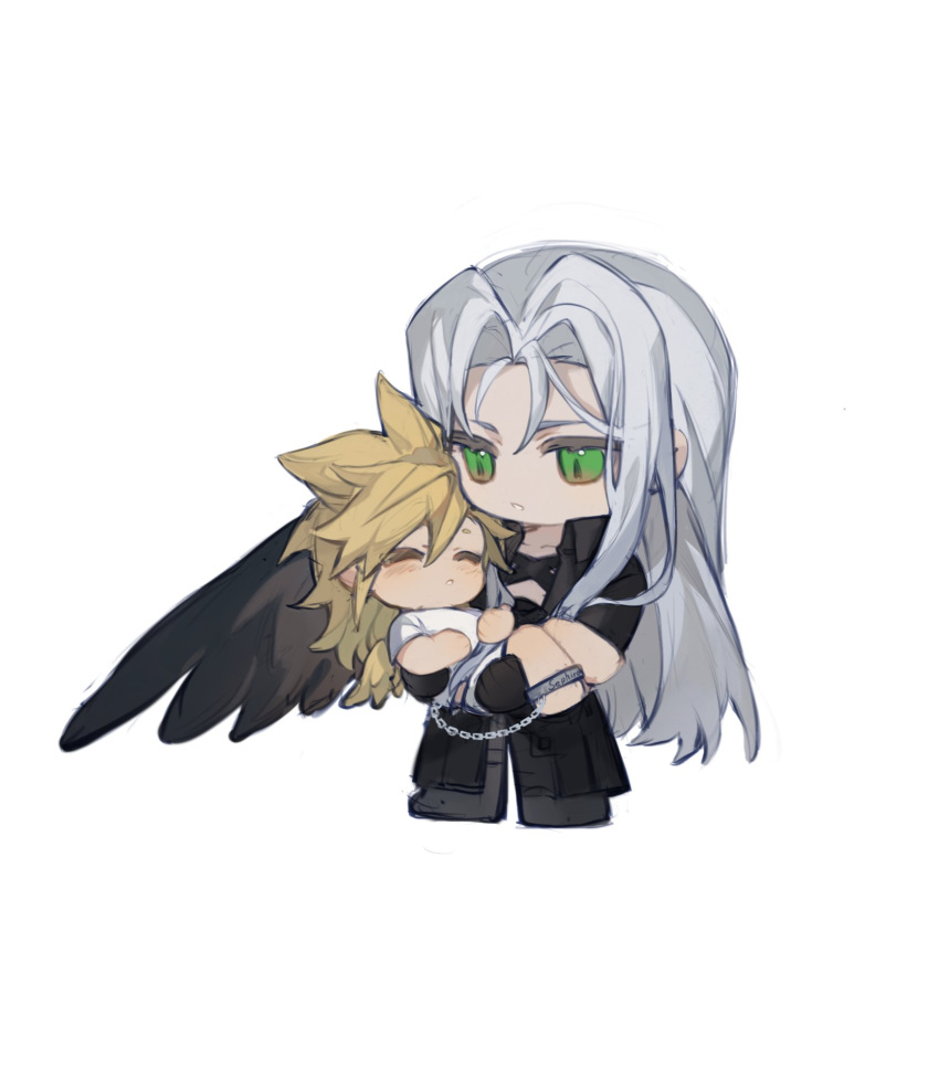 2boys aged_down barefoot black_coat black_footwear black_wings blonde_hair blush boots chain chest_strap chibi closed_eyes cloud_strife coat feathered_wings final_fantasy final_fantasy_vii full_body grabbing_another's_hair green_eyes grey_hair highres long_hair male_focus maomaoyu multiple_boys open_clothes open_coat parted_lips sephiroth shirt single_ankle_cuff single_wing slit_pupils time_paradox very_long_hair white_shirt wings yellow_wings