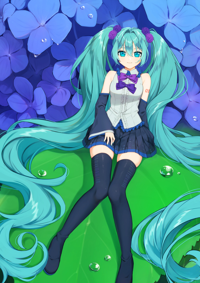 1girl absurdly_long_hair aqua_eyes aqua_hair asuka_gin bare_shoulders black_footwear black_skirt black_sleeves black_thighhighs blue_eyes blue_flower boots bow bowtie breasts closed_mouth collared_shirt commentary detached_sleeves flower frilled_shirt frills full_body grey_shirt hair_between_eyes hair_flower hair_intakes hair_ornament hatsune_miku highres hydrangea leaf long_hair long_sleeves looking_at_viewer mini_person minigirl miniskirt pleated_skirt purple_bow purple_bowtie purple_flower shirt shoulder_tattoo sitting skirt sleeveless sleeveless_shirt smile solo tattoo thigh-highs thigh_boots twintails very_long_hair vocaloid water_drop white_shirt zettai_ryouiki