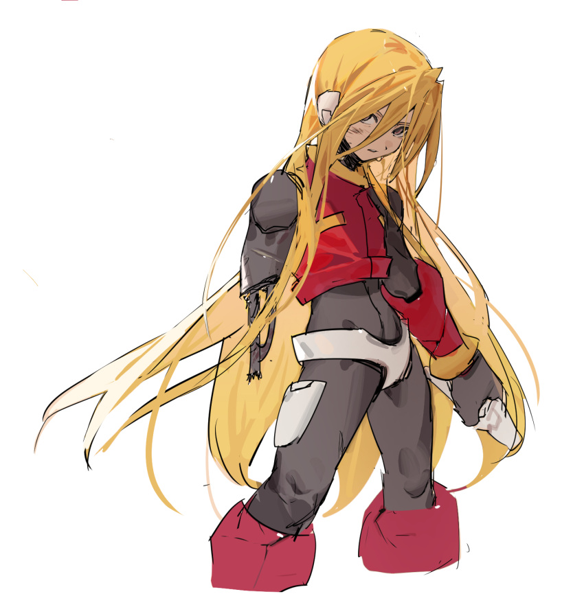 1boy amputee armor black_bodysuit black_eyes blonde_hair bodysuit boots crop_top crotch_plate feet_out_of_frame highres holding long_hair mayutsuba_mono mechanical_parts mega_man_(series) mega_man_zero_(series) no_headwear red_armor red_footwear robot_ears simple_background solo white_background z_saber zero(z)_(mega_man) zero_(mega_man)