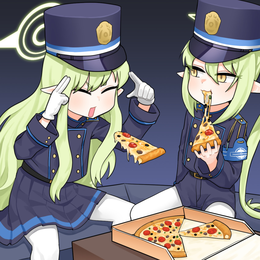 2girls :3 ^_^ armband black_shorts black_skirt blue_archive blue_armband closed_eyes commentary eating fingers_to_head floating food gloves green_hair hair_between_eyes halo hat highlander_sidelocks_conductor_(blue_archive) highlander_twintails_conductor_(blue_archive) highres holding holding_food holding_pizza kodineun_haengbokhada long_hair long_sleeves looking_at_another man_levitating_pizza_(meme) meme multiple_girls on_bench pantyhose peaked_cap pizza pizza_box pizza_slice pointy_ears psychic short_shorts shorts side_ponytail sidelocks simple_background sitting skirt train_conductor white_gloves white_pantyhose yellow_eyes