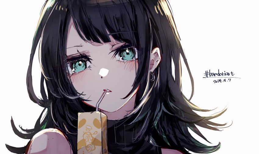 1girl bang_dream! bang_dream!_it's_mygo!!!!! black_hair blush carton commentary_request dated drinking_straw drinking_straw_in_mouth earrings green_eyes highres jewelry looking_at_viewer medium_hair nuruponnu parted_lips portrait simple_background solo white_background yahata_umiri