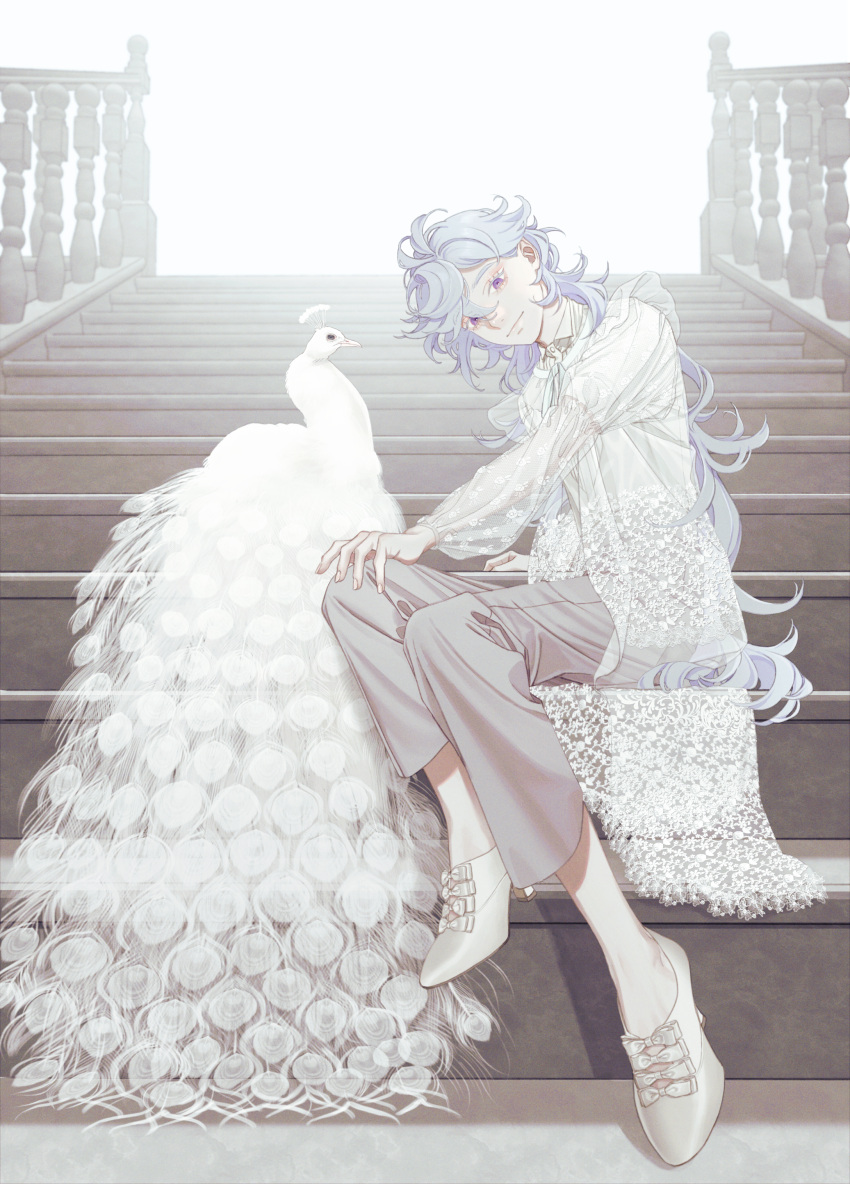 1boy absurdres alternate_costume bird buttons collared_shirt fate/grand_order fate_(series) hair_between_eyes high_heels highres long_hair long_sleeves looking_at_viewer male_focus merlin_(fate) pants peacock see-through shirt shoes smile solo someki_noi stairs violet_eyes white_hair